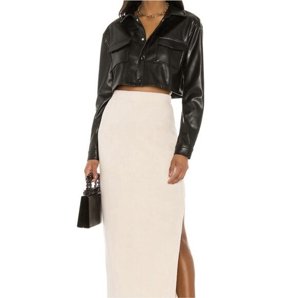 Revolve L’Academie Fearless Cropped Black Leather Shirt Jacket Sz XS - Picture 2 of 13